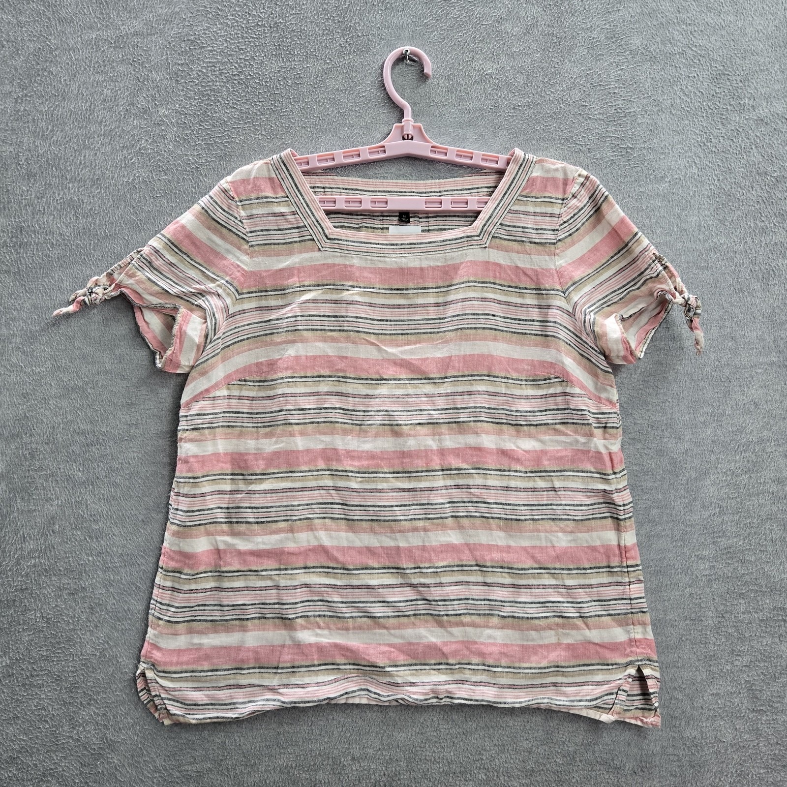 Talbots Women Blouse M Pink Black Beige Striped Linen Tie Square Neck Pullover